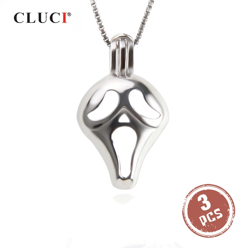 CLUCI 3pcs 925 Sterling Silver Painful Face Shaped Halloween Pendant Jewelry For Women Real Pearl Cage Locket SC323SB | Украшения и