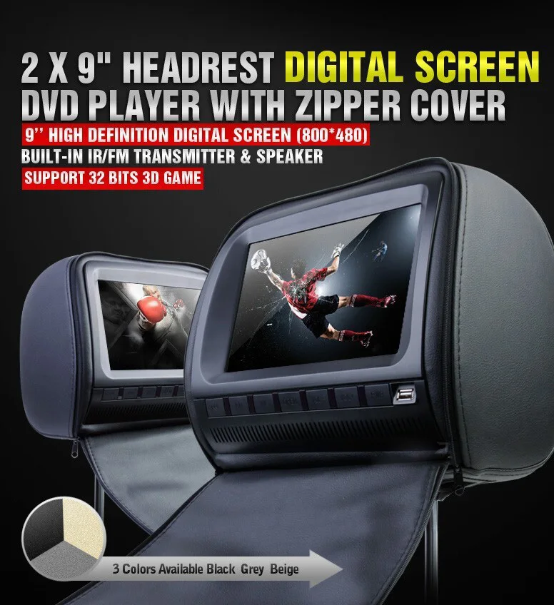 one pair 2X9 inch car headrest DVD player with zipper cover,USB/SD,32bit Game,IR,FM,TV(optional),3 color
one pair 2X9 inch car headrest DVD player with zipper cover,USB/SD,32bit Game,IR,FM,TV(optional),3 color