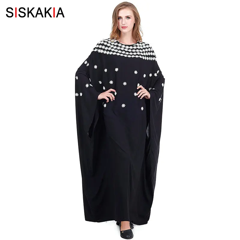 

Siskakia Casual Muslim Abaya Dress Snowflake Embroidery Batwing Sleeve Dressing Gowns Plus Size Female Black Dubai Robes 2019