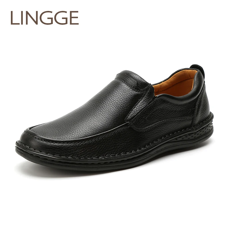 Фото LINGGE Brand Black Loafer Shoes Genuine Leather Light Weigth For Men Lace-Up Classical Plus Size Shoe MD Sole | Обувь