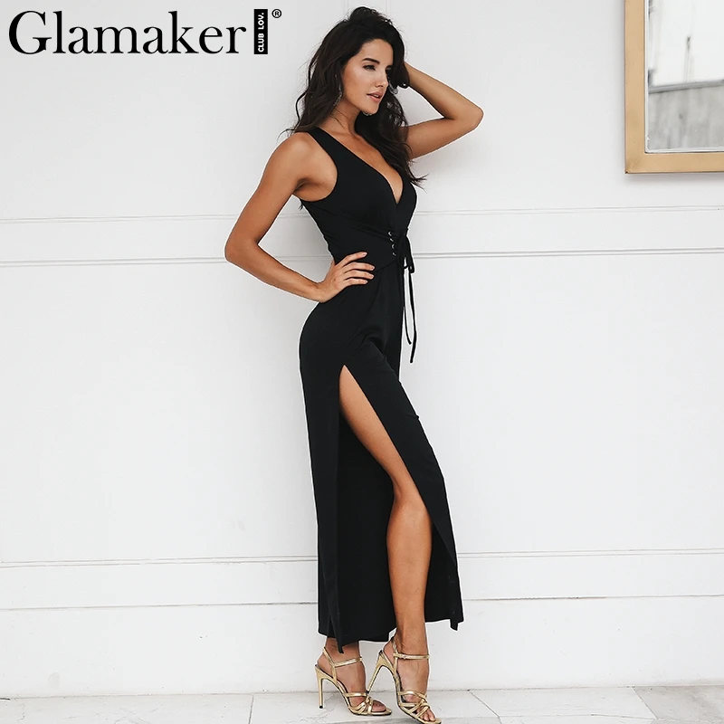 Glamaker Lace up black women jumpsuit summer high split v neck jumpsuits rompers Female fitness party sexy playsuit overalls
Glamaker Lace up black women jumpsuit summer high split v neck jumpsuits rompers Female fitness party sexy playsuit overalls