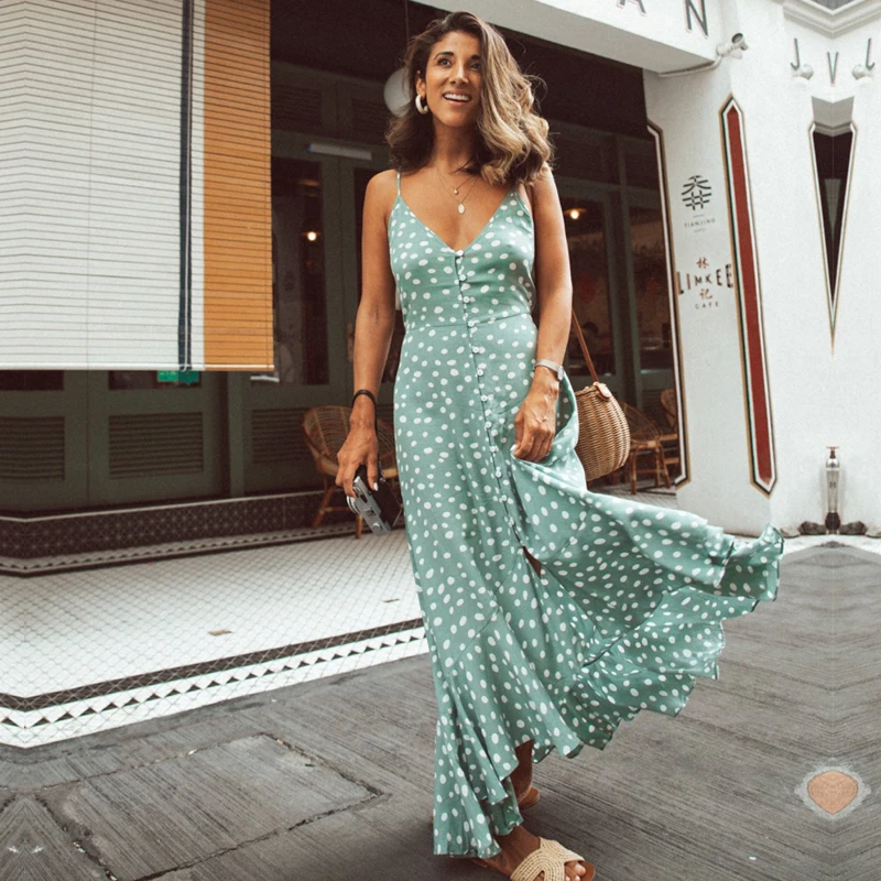 New 2019 Polka Dot Print Summer Holiday Boho Maxi Dress Sexy Strap Ruffled Long Dress Beach Button Down Dress With Waist Tie
New 2019 Polka Dot Print Summer Holiday Boho Maxi Dress Sexy Strap Ruffled Long Dress Beach Button Down Dress With Waist Tie