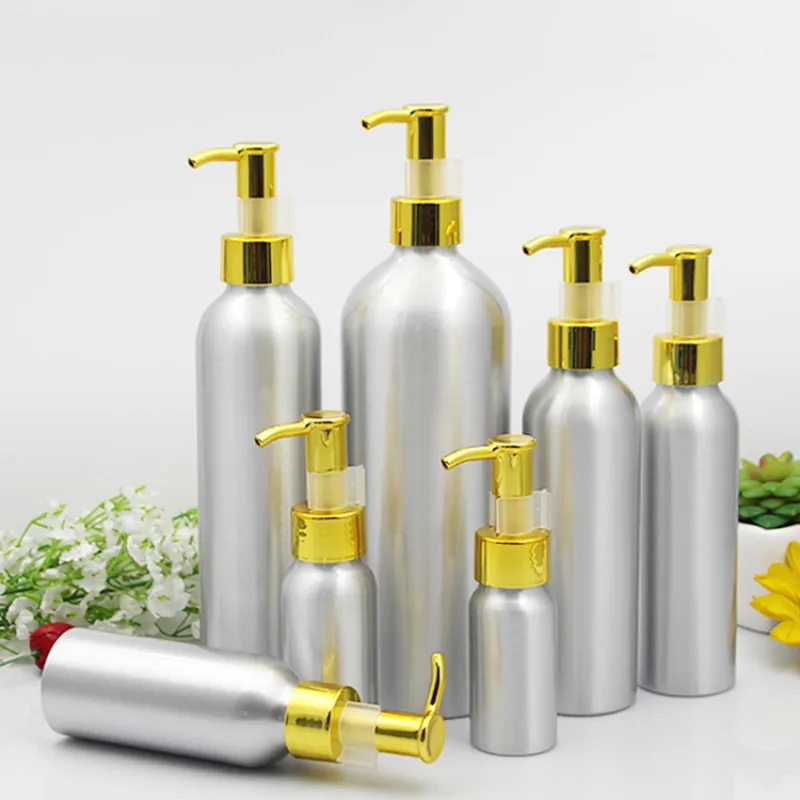 Фото Алюминиевая бутылка с насосом для лосьона Золотая крышка - купить