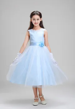 

Elegant Romance Glitz Long Appliques Sky Blue 3D Flower Angel Girls Dress Kids Baby Teenagers First Holy Communion Pageant Gowns