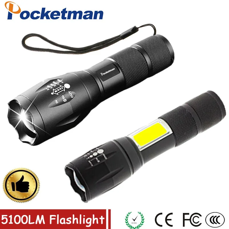 

Ultra Bright LED flashlight Tactical Flashlight 5100LM XM-T6 COB Zoomable Aluminum Lanterna LED Torch Flashlights For 18650