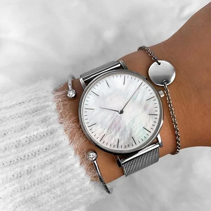 Mavis Hare Silver Seashell Mesh Wristwatches with Stainless Steel Crystal Cuff Twisted Bangle and Circle Coin Armband Bracelet
Mavis Hare Silver Seashell Mesh Wristwatches with Stainless Steel Crystal Cuff Twisted Bangle and Circle Coin Armband Bracelet