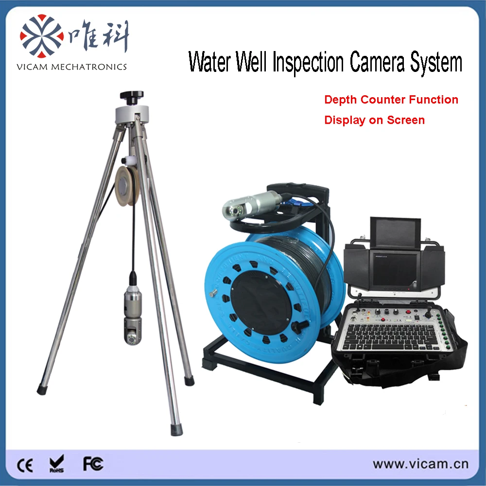 

Vicam hot sale Wateproof 10 bars Pipe well camera 100m cable Pan Tilt drill camera with DVR recording box and depth counter