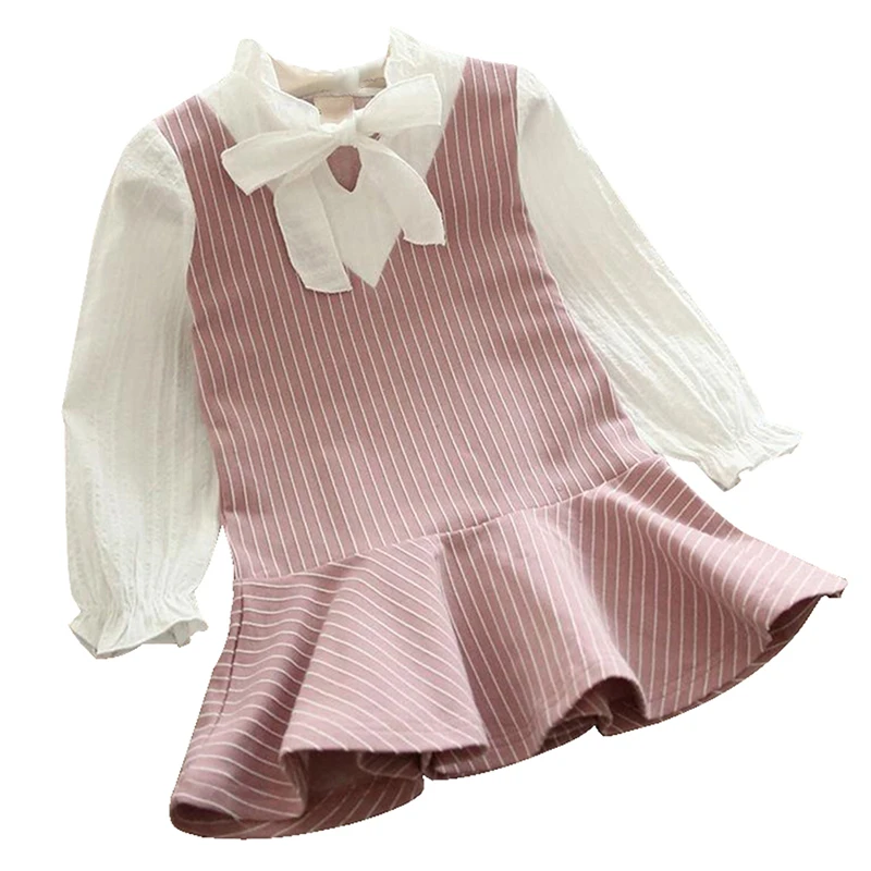 Girls Dress Autumn Kids Casual Fake 2 Piece Long Sleeve Striped Print Bowknot Design Baby Children Costume | Детская одежда и