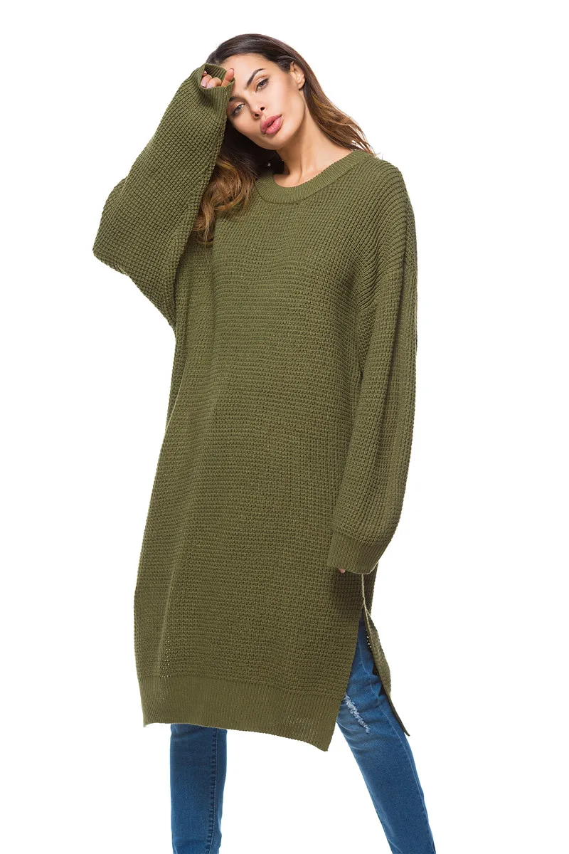 2018 spring new European and American large size women's knit dress loose long knit sweater women (11)