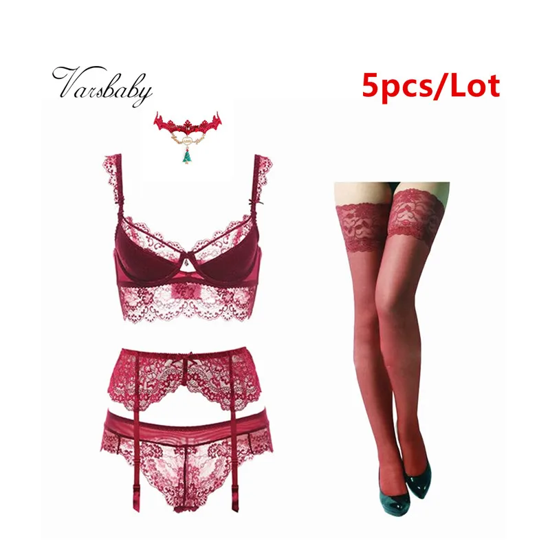 

Varsbaby new fashion sexy lace push up bra+panties+garter+stockings+necklace 5 Pcs bra set A B C D cup