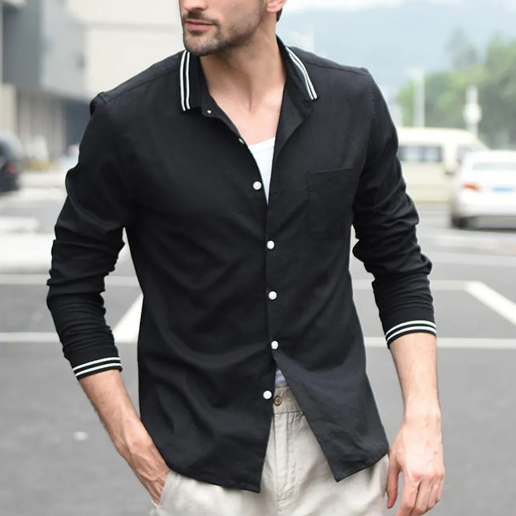 2019 Men Fashion Vintage Pure Color Button Linen Solid Long Sleeve Retro Shirts Tops Blouse camisa masculina manga longa 50 | Мужская
