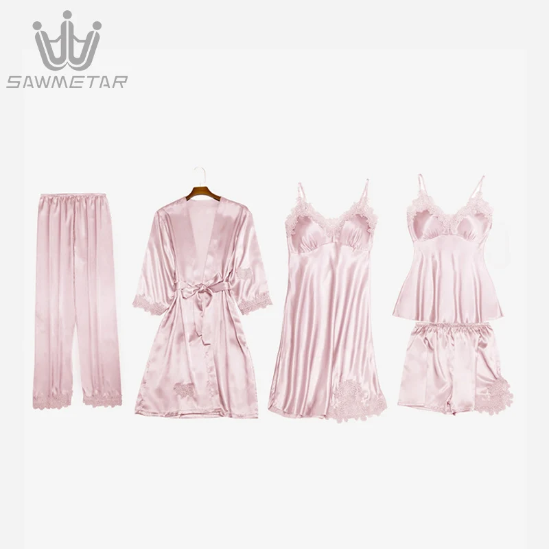 2019 Summer Pajamas Women Silk Pijama Satin Sleepwear 5 Pieces Home Wear Sexy Lace Pyjama Women Sleep Lounge With Chest Pads
2019 Summer Pajamas Women Silk Pijama Satin Sleepwear 5 Pieces Home Wear Sexy Lace Pyjama Women Sleep Lounge With Chest Pads