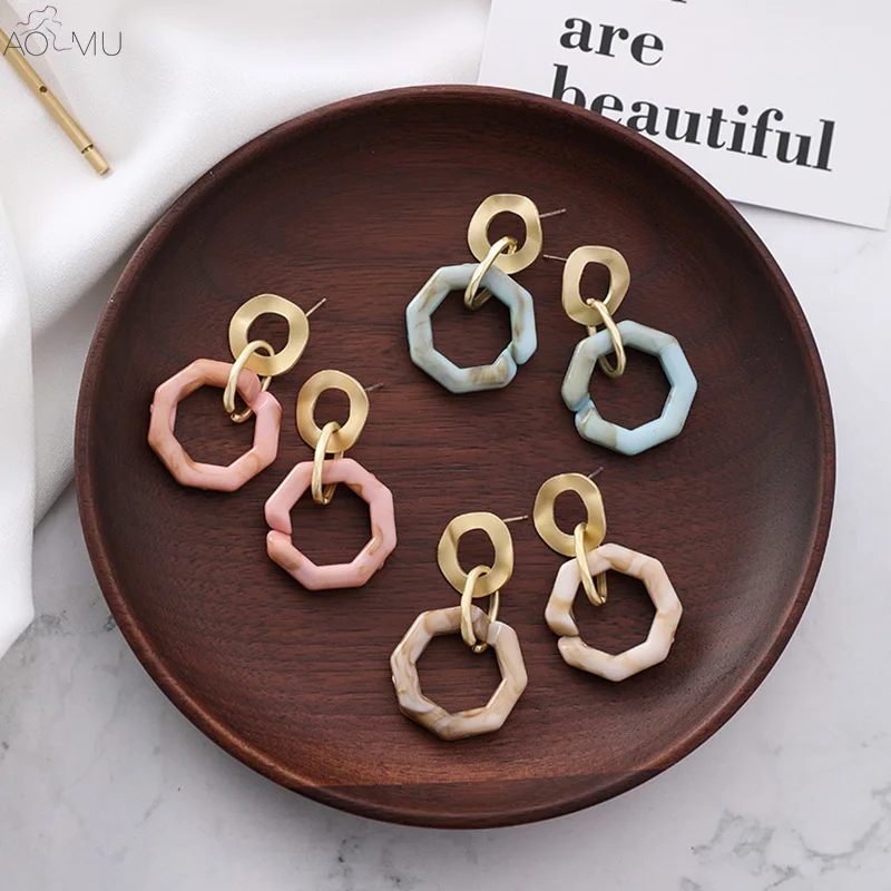 

AOMU S925 Sterling Silver Pin Exaggetated Acetic Acid Geometric Irregular Gold Matte Metal Dangle Earrings for Women Girl
