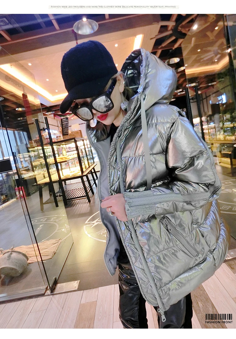 Women Winter Coat Silver Bright Loose Jackets Zipper Sleeve Korean Fashion Coats Hip-hop Cotton Hooded Winter Jacket 2018 CH621 (4)