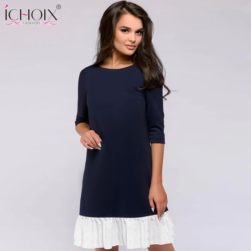 2018 Summer Work Wear Dress Fashion Blue Khaki Patchwork Casual Style Straight Short Dress Office Half Sleeve O-Neck Mini Dress 14