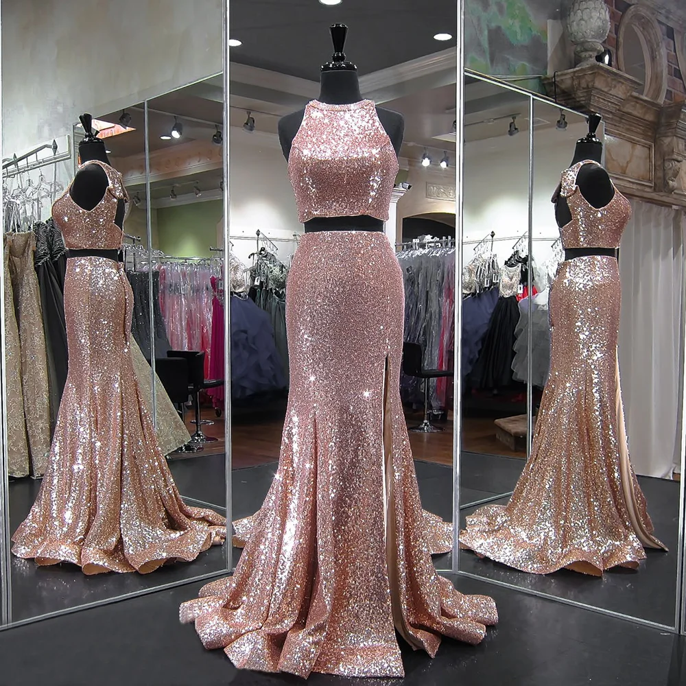2019 New Rose Gold Sequins Lace Two-Piece Bridesmaid Dresses Junior Maid Dress Sexy KeyHole Back Dress Split Lace Custom Made
2019 New Rose Gold Sequins Lace Two-Piece Bridesmaid Dresses Junior Maid Dress Sexy KeyHole Back Dress Split Lace Custom Made