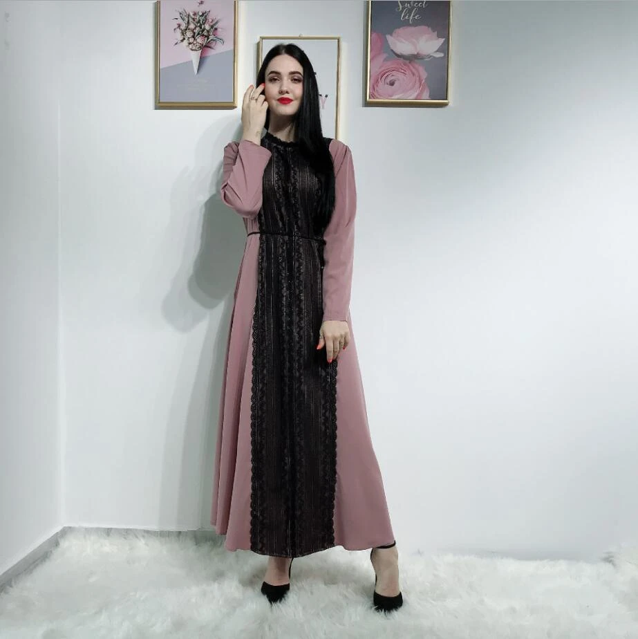 

2019 Newest inspired lace kaftan muslim women clothing turkish arab dubai islamic fashion long abaya dress plus size S-XXL