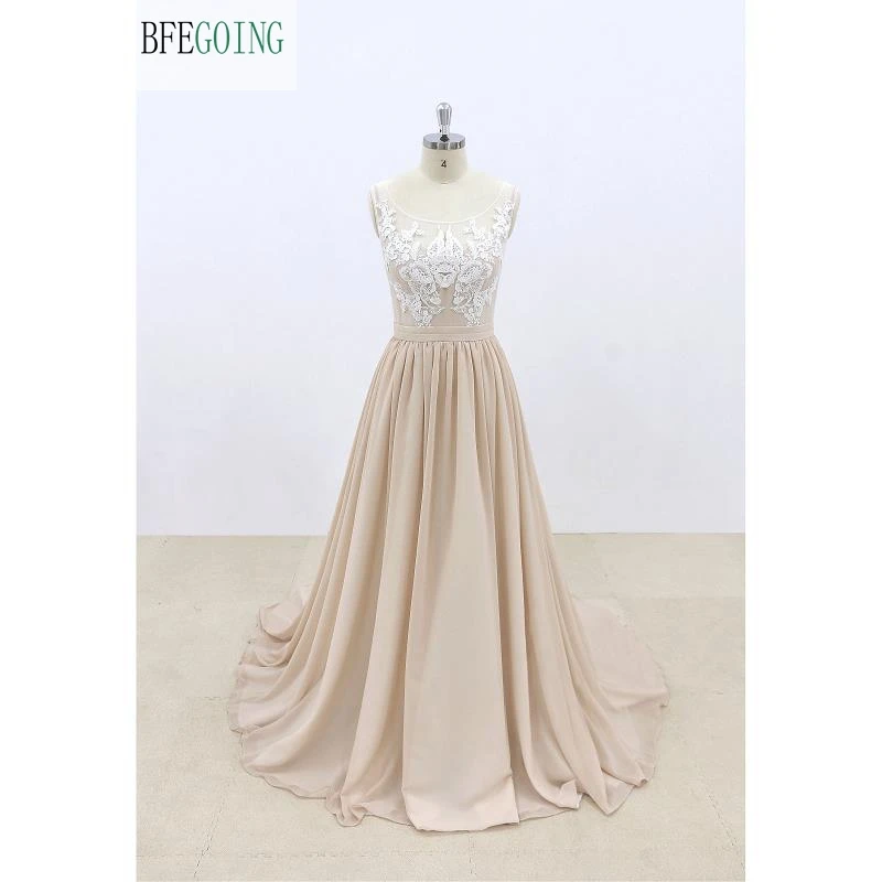 White Lace Champagne Chiffon Scoop A-line Wedding Dress Floor -Length Chapel Train Real/Original Photos Custom made
White Lace Champagne Chiffon Scoop A-line Wedding Dress Floor -Length Chapel Train Real/Original Photos Custom made