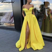 Vestidos de Noche amarillos 2018 con bolsillos Línea A cuello en V de hombro corte Islámico de Dubai árabe saudí largo vestido de noche elegante(China)