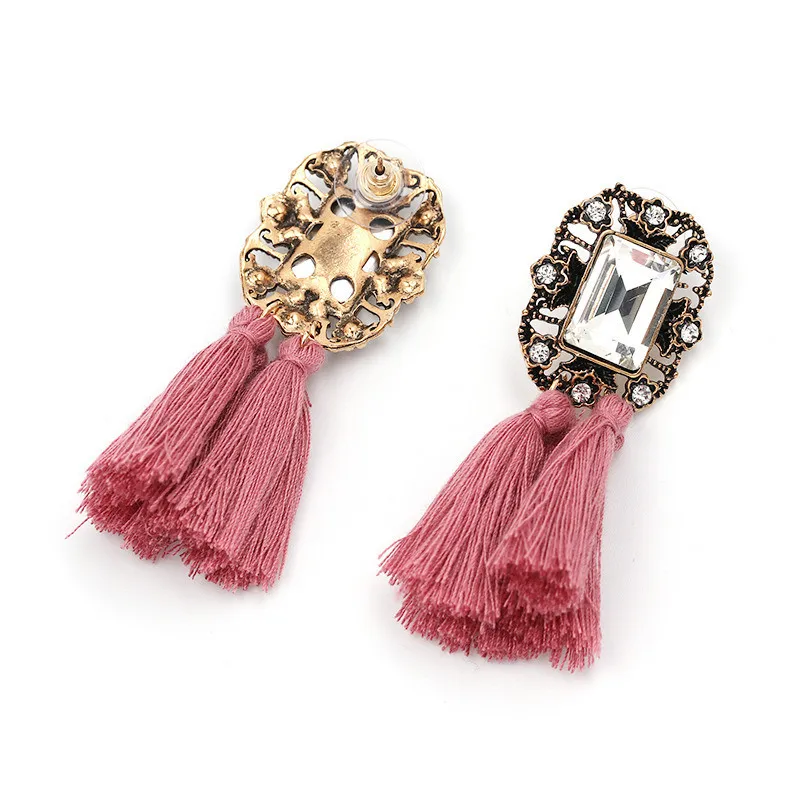 16 Colors, Crystal Square Tassel Stud Fringe Earrings