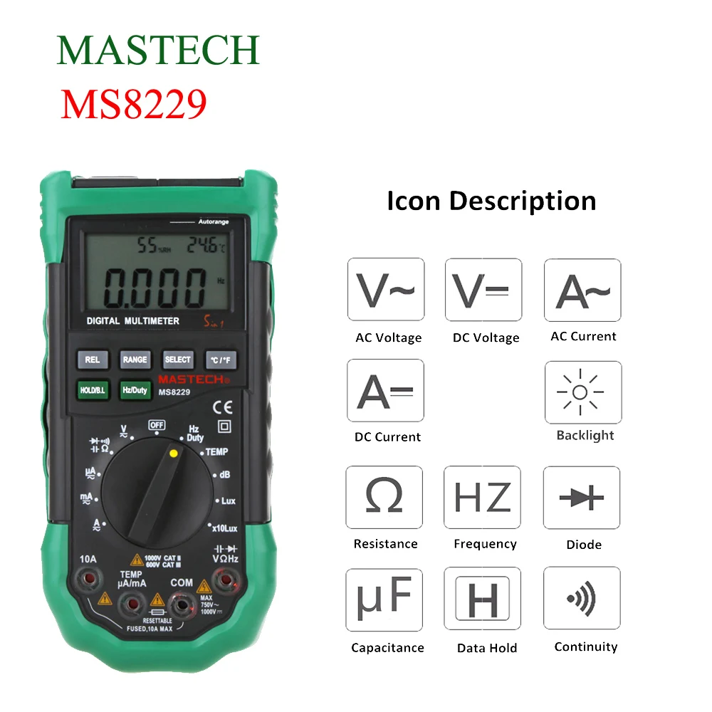 

MASTECH MS8229 Digital Multimeter 5 in 1 Noise Illumination Temperature Humidity Tester Diagnostic-tool Auto Range LCD Backlight