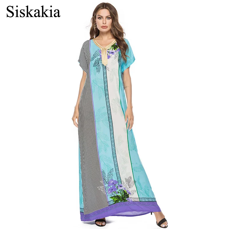 Siskakia Stripe Print Maxi Long Dress Women Elegant Loose Bohemia Style Female Long Dresses Light Blue V Neck Short Sleeve New
Siskakia Stripe Print Maxi Long Dress Women Elegant Loose Bohemia Style Female Long Dresses Light Blue V Neck Short Sleeve New