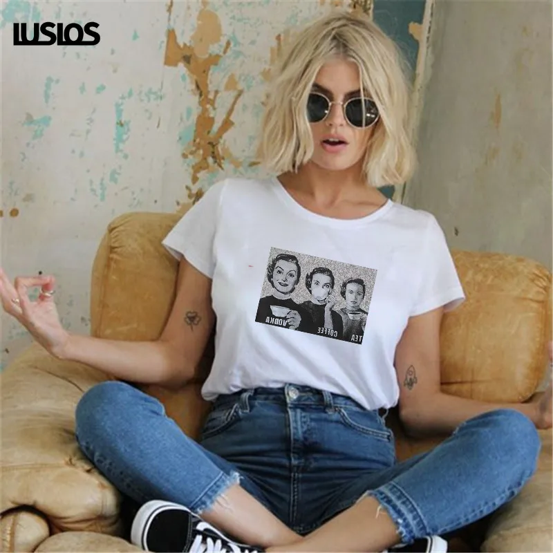 TEA COFFEE VODKA Funny Women T Shirt Summer Short Sleeved Casual White Round Neck Tshirt Female Graphic Streetwear Vintage Tees
TEA COFFEE VODKA Funny Women T Shirt Summer Short Sleeved Casual White Round Neck Tshirt Female Graphic Streetwear Vintage Tees