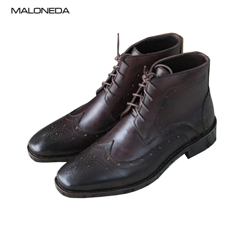 

MALONEDA Brand New Gentleman Brogue Boots Genuine Leather Lace up Italy Style Goodyear Handmade Ankle Boot for Men Free Shipping