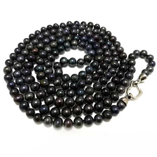 48 inches 7-8 mm Long Chain Black Natural Round Freshwater Pearl Necklace with Heart Shaped 925 Sterling Silver Clasp 
48 inches 7-8 mm Long Chain Black Natural Round Freshwater Pearl Necklace with Heart Shaped 925 Sterling Silver Clasp
