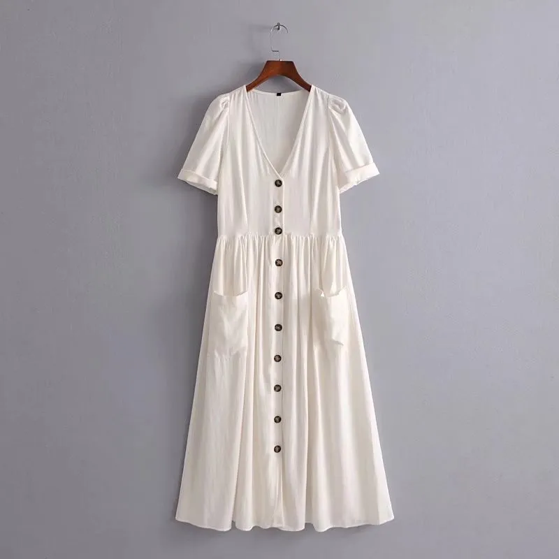 2019 European and American spring and summer new women's wear buttons decoration flax solid color flax flute dress girl
2019 European and American spring and summer new women's wear buttons decoration flax solid color flax flute dress girl