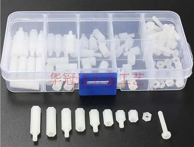 120pcs/lot M3 plastic nylon white hex spacer female to male stand off nylon pan phillips screw nut assortment kit with box60
120pcs/lot M3 plastic nylon white hex spacer female to male stand off nylon pan phillips screw nut assortment kit with box60