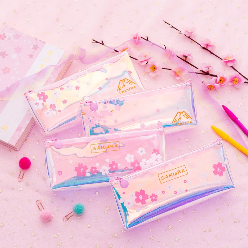Transparent Sakura Laser pencil case for girls Cute Cherry blossoms pen bag stationery pouch Pencil bags school office supplies
Transparent Sakura Laser pencil case for girls Cute Cherry blossoms pen bag stationery pouch Pencil bags school office supplies