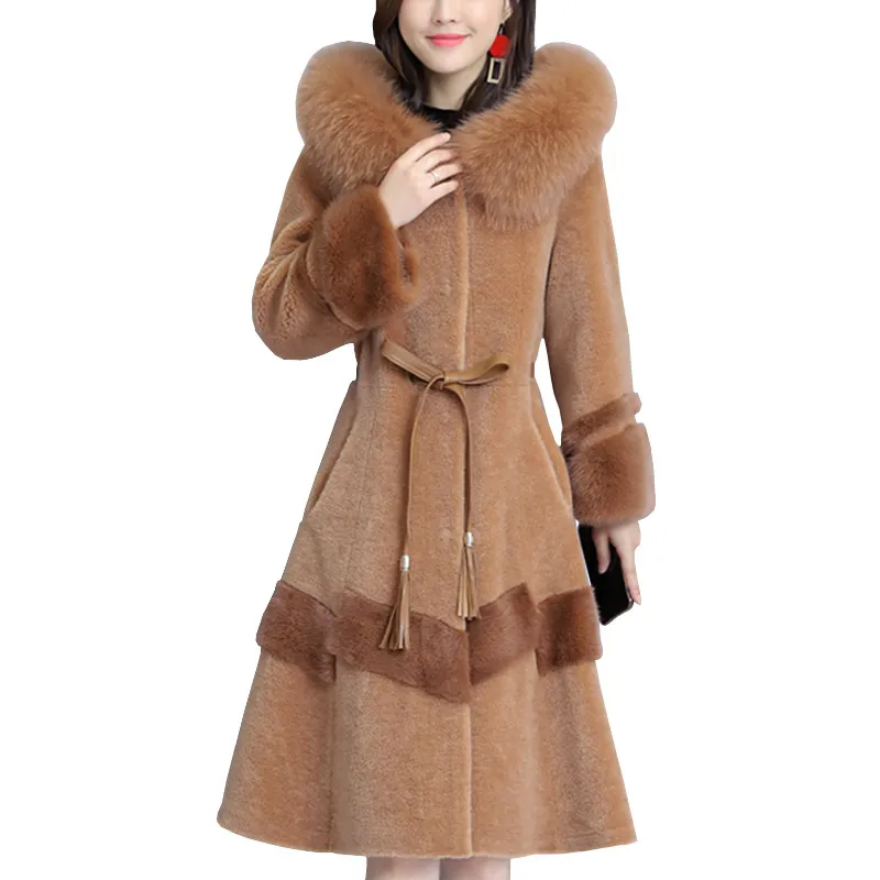 Autumn Winter Sheep Sheared Coat Women's Fox fur collar Hooded Jacket Mink fur Splice Granulated Cashmere Coats Plus size Female
Autumn Winter Sheep Sheared Coat Women's Fox fur collar Hooded Jacket Mink fur Splice Granulated Cashmere Coats Plus size Female