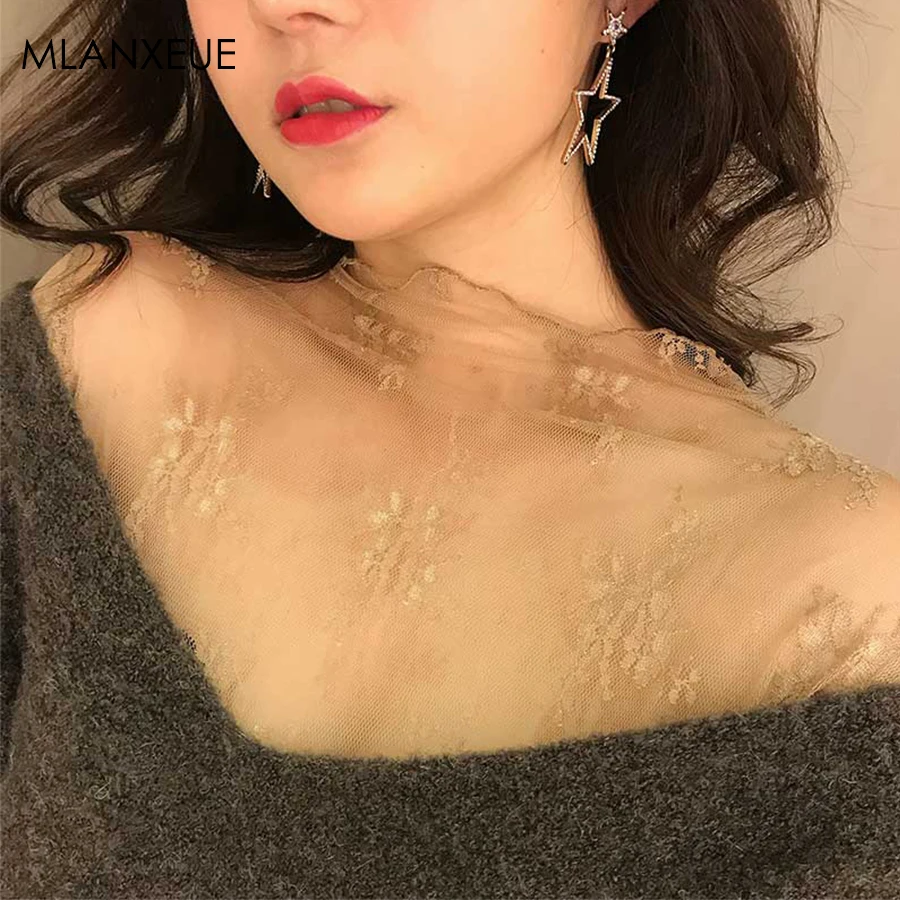 Sexy Lace Print Long Sleeves Tops Women High Collar Perspective Grid Bottoming Shirts Females Hollow Out Summer Casual Tops Lady
Sexy Lace Print Long Sleeves Tops Women High Collar Perspective Grid Bottoming Shirts Females Hollow Out Summer Casual Tops Lady