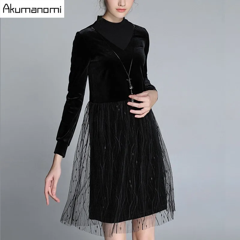 Winter Velvet Patchwork Dress Stand Collar Net Yarn Hem Pendant Women Clothes Spring Autumn A-Line Dress High Quality Plus Size
Winter Velvet Patchwork Dress Stand Collar Net Yarn Hem Pendant Women Clothes Spring Autumn A-Line Dress High Quality Plus Size