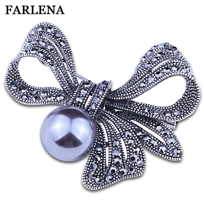 

FARLENA Jewelry Retro Style Black Rhinestones Bowknot shape Brooch Pins Vintage Simulated Pearl Brooches for Women Gift