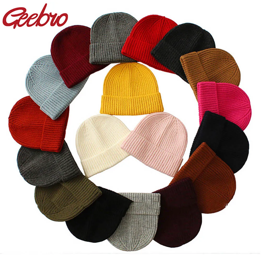

Geebro Baggy Retro Slouchy Unisex Winter Ribbed Knitted Cuffed Short Melon Cap Solid Color Skullcap Fisherman Docker Beanie Hat