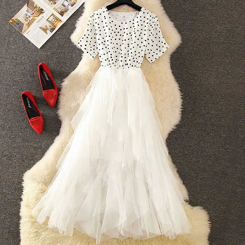 Preppy Style Fashion Dot Print Patchwork Mesh Dress A-line Slim Long Casual Dress Beach Vacation Summer 2019 Vestidos
Preppy Style Fashion Dot Print Patchwork Mesh Dress A-line Slim Long Casual Dress Beach Vacation Summer 2019 Vestidos