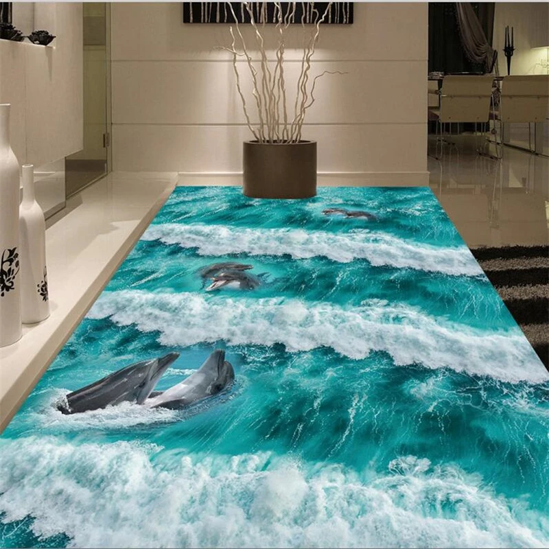

beibehang Custom flooring 3d large three-dimensional beach waves surfing 3D floor tiles decorative painting wall paper murals