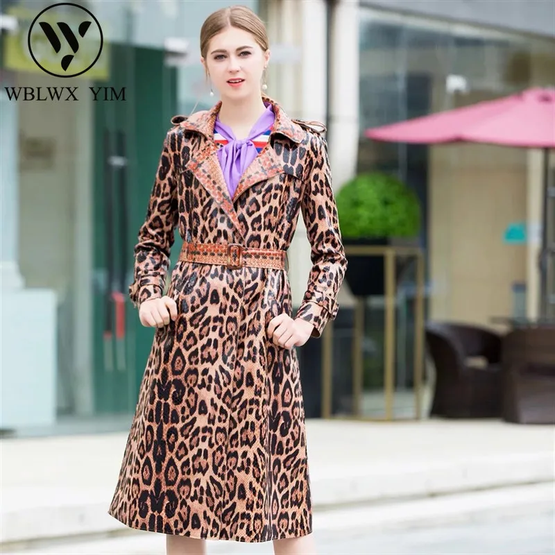 Фото 2019 Autumn New PU Leather Trench coat women Fashion leopard belt long womens Casual loose England Style Outerwear | Женская одежда