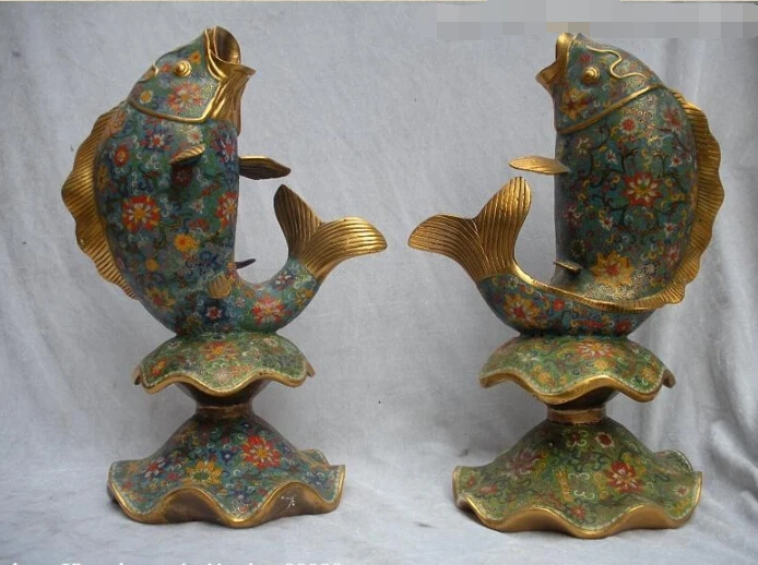 China Royal 100% Bronze Gild cloisonne Two Fish Palace decoration statue Pair
China Royal 100% Bronze Gild cloisonne Two Fish Palace decoration statue Pair