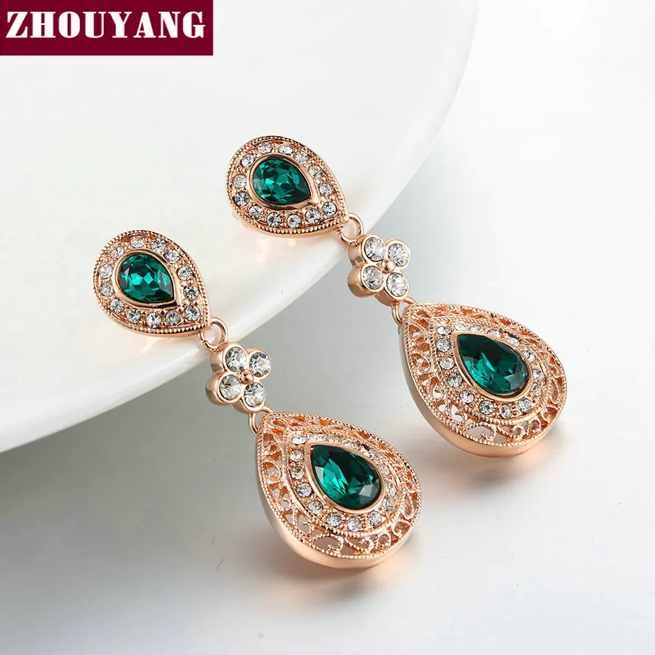 ZHOUYANG Drop Earring For Women Vintage Refinement Hollow out Green Teardrop Crystal Rose Gold Color Fashion Jewelry E450
ZHOUYANG Drop Earring For Women Vintage Refinement Hollow out Green Teardrop Crystal Rose Gold Color Fashion Jewelry E450