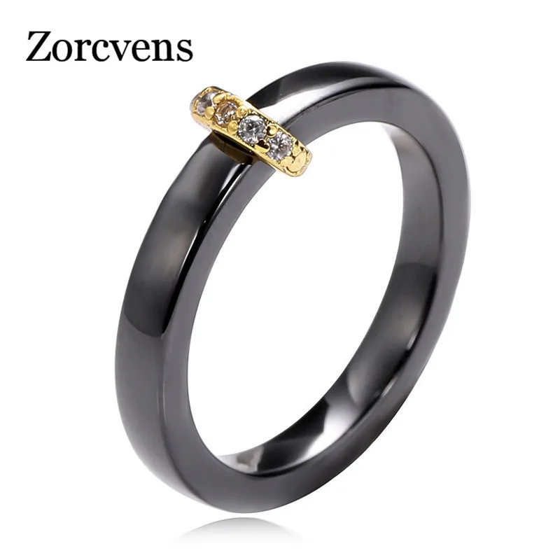 Женское гладкое керамическое кольцо с фианитом черно-белое | Украшения и