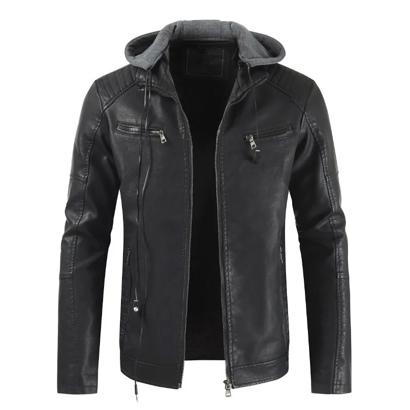 Autumn and winter new men's leather jacket warm casual jacket motorcycle coat hooded solid color Cap removable
Autumn and winter new men's leather jacket warm casual jacket motorcycle coat hooded solid color Cap removable