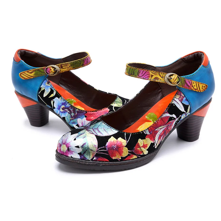 Bohemian Women Pumps Vintage Dress Shoes Woman Spring Summer Genuine Leather Mary Janes Ladies Wedding Shoes Block High Heels (3)