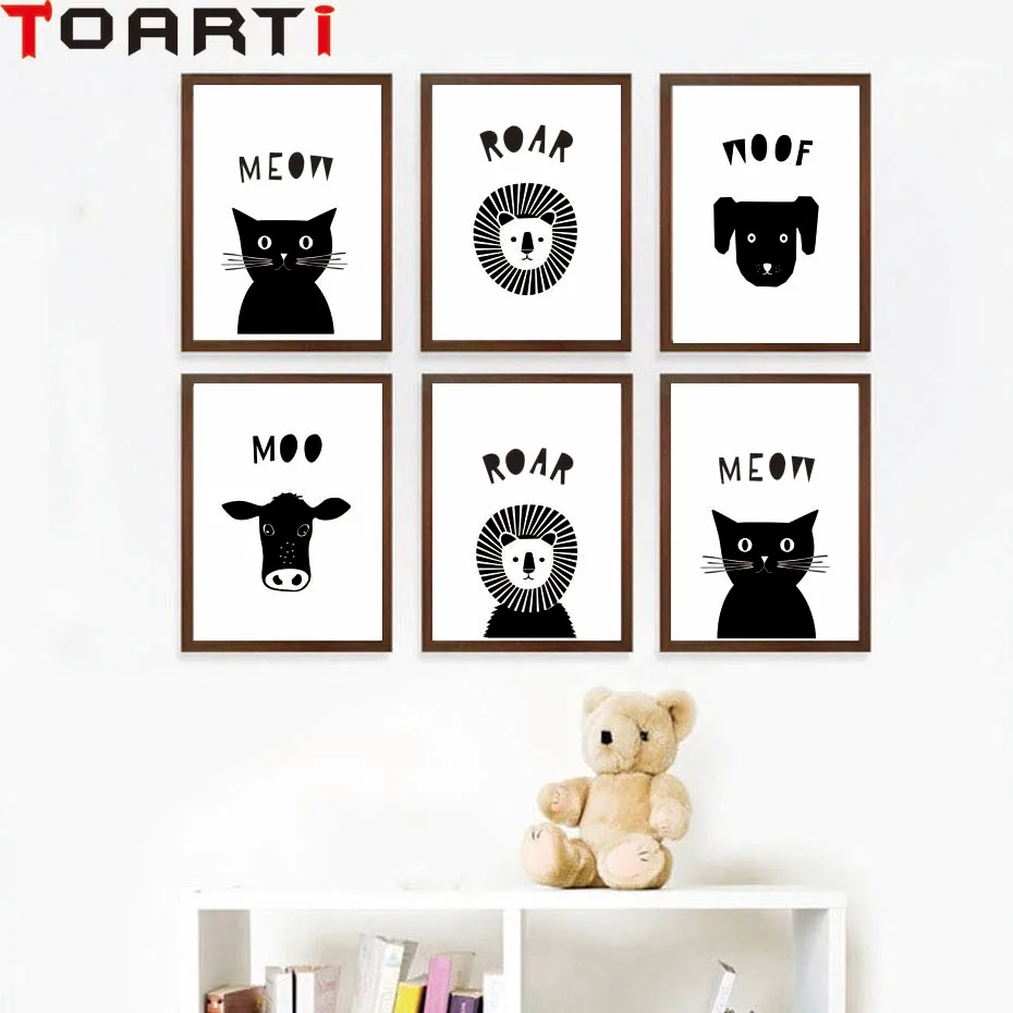 Cartoon Animals Black&White Poster&Print For Kids Bedroom Wall Painting Modern Canvas Picture Home Goods Chart Decoration | Дом и сад