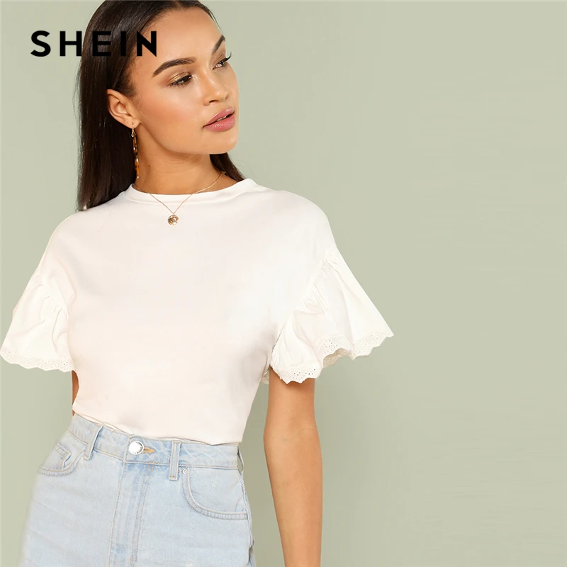 SHEIN White Elegant Round Neck Eyelet Embroidered Trim Ruffle Short Sleeve Solid T-shirt Summer Women Weekend Casual Tee Top
SHEIN White Elegant Round Neck Eyelet Embroidered Trim Ruffle Short Sleeve Solid T-shirt Summer Women Weekend Casual Tee Top