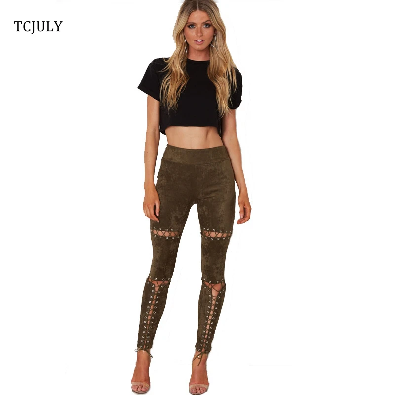 

TCJULY High Quality Fashion Suede Elegant Woman Pants Tie Up Criss Cross Hollow Out Vintage Women's Trousers Casual Pencil Pants