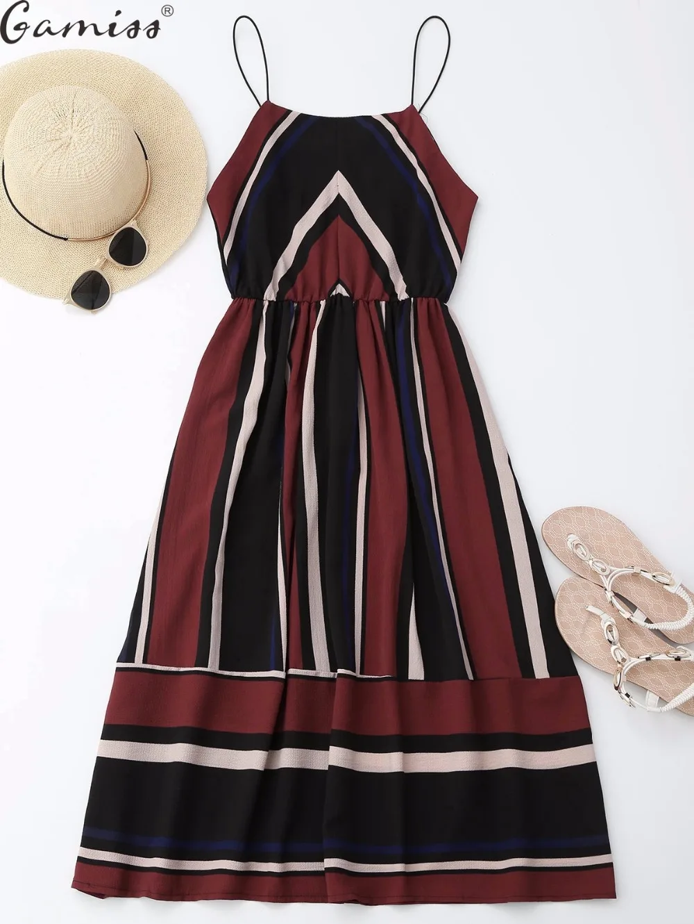 red Multi Striped High Waist Spaghetti Strap Midi Dress