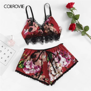 

COLROVIE Lace Trim Floral Print Sexy Cami And Shorts Pajama Set Women 2019 Lingerie Set Lounge Femme Sleepwear Satin Nightgown